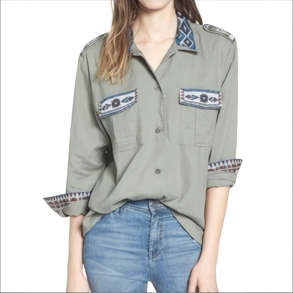 Rails Olive Green Button-Up Shirt with Blue Tribal Trim